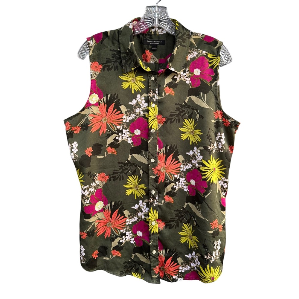 Banana Republic Dillon Shirt Womens Large Olive Green Floral Sleeveless Blouse